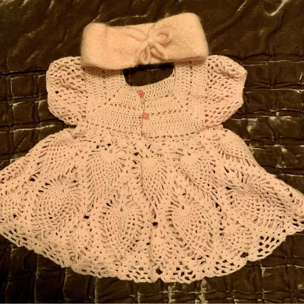 New-Handmade Beautiful Pink Crochet Dress Set for infant  girl. Headband inc.
